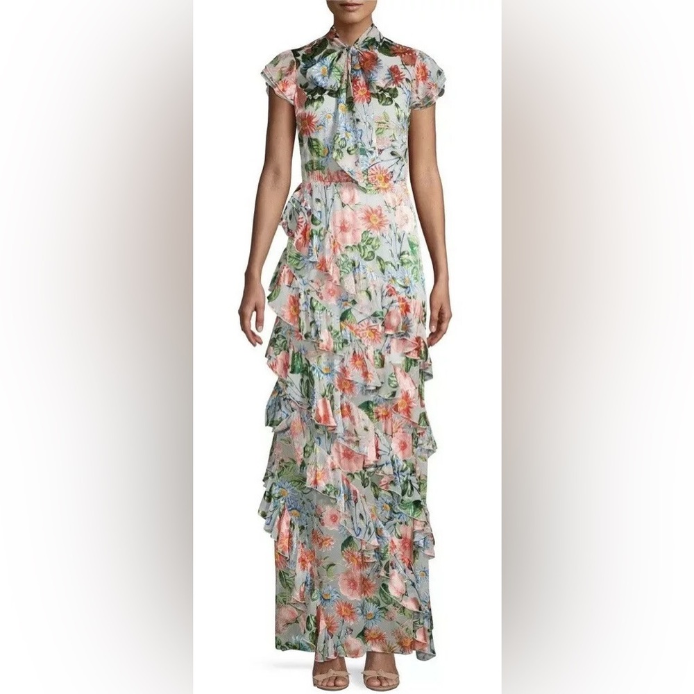 Alice + Olivia Lessie Tie Neck Ruffle Floral Maxi Dress | Size 6